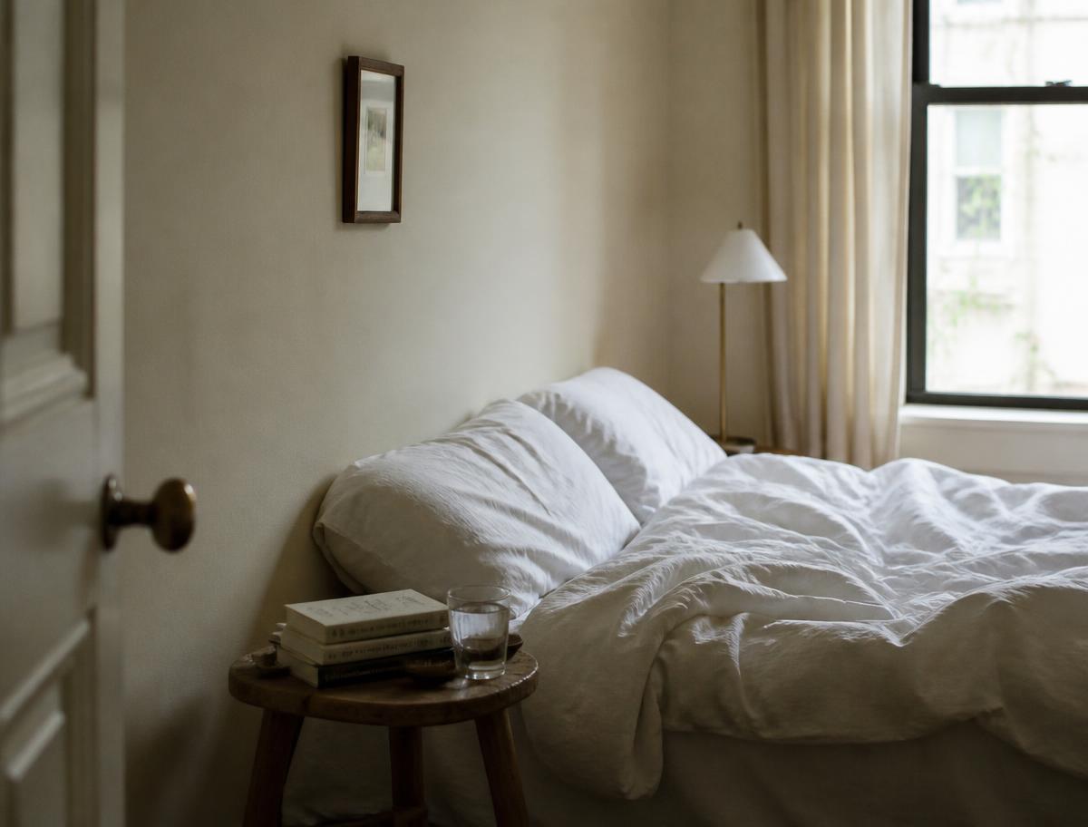 Chambre simple avec linge de lit en lin froissé et table de chevet en bois