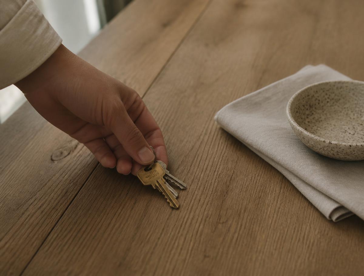 Main posant un trousseau de clés sur une table en chêne à côté d'un linge en lin